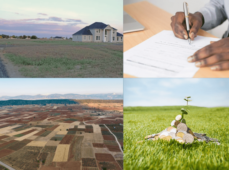 Collage featuring a house, a person signing documents, agricultural land, and a money stack on grass, representing real estate and finance themes.