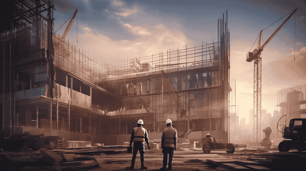 Two engineers inspecting and observing the progress of underconstruction buildings at a construction site.