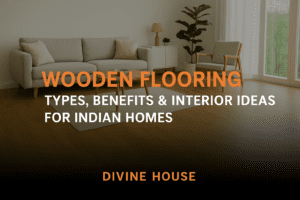 A luxurious living room with polished solid hardwood flooring in a warm oak finish, featuring modern furniture and a vibrant rug.