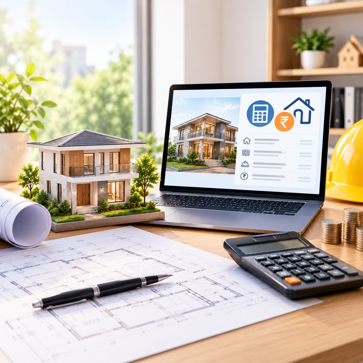 Architect's desk with blueprints, calculator and drafting tools for cost estimation